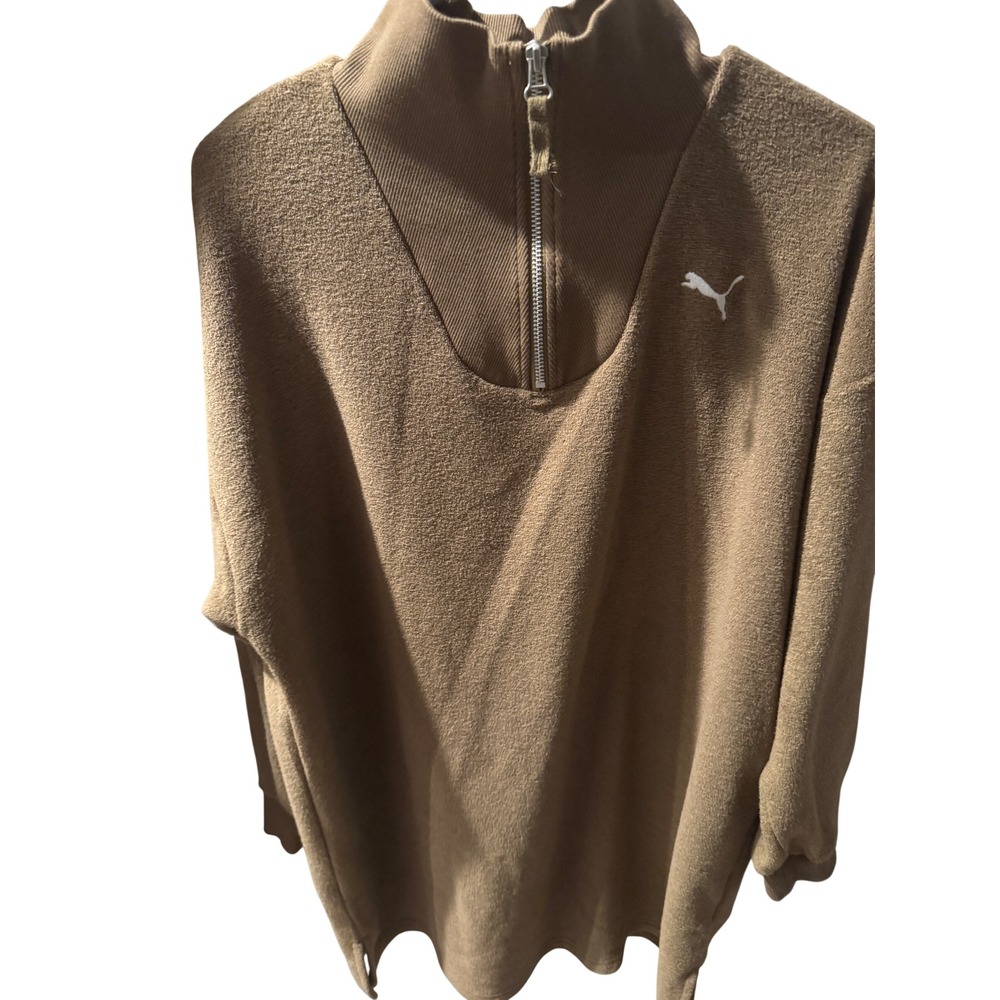 Puma Womens Quarter Zip Pullover Tan Brown Textured Fleece Mock Neck Dress Large
